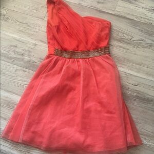 Coral One-Shoulder Tulle Dress with Gold Bead Waistband